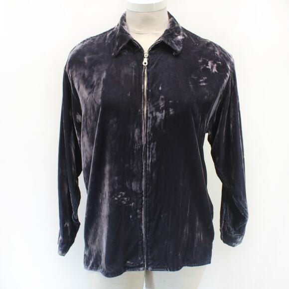 Jay Y. Ko Vtg Studio Rayon Velvet Navy Jacket Blouse Top Zip Collared Casual XL - Picture 2 of 8